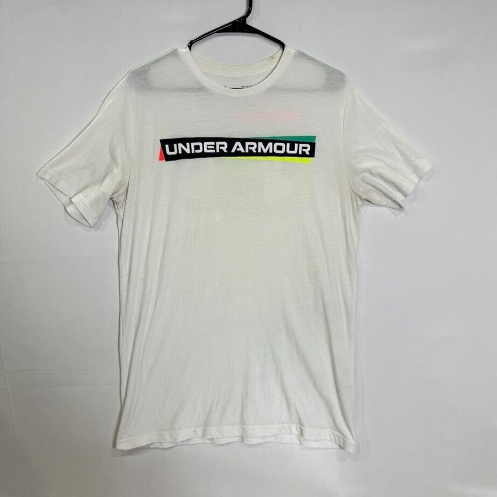 Under Armour Men's T-Shirt Medium White Graphic Logo Crew Neck Short‎ Sleeve